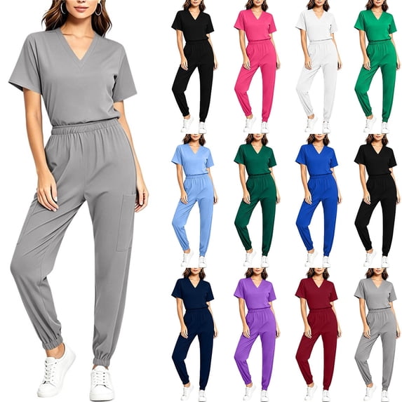 Jogger Scrubs Set for Women, V Neck Short Sleeve Solid Medical Uniform with Functional Pockets for Nurse Spa Vet Gray-F XL(XL)