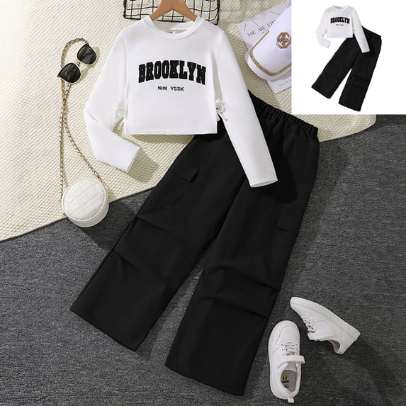 Jogger Set Long Sleeve Solid Crewneck Black Casual Pullover Sweatshirt and Cargo Pants for Girls 2 Pcs Fall Winter Clothes Toddler 9-10 Years Girls Clothes
