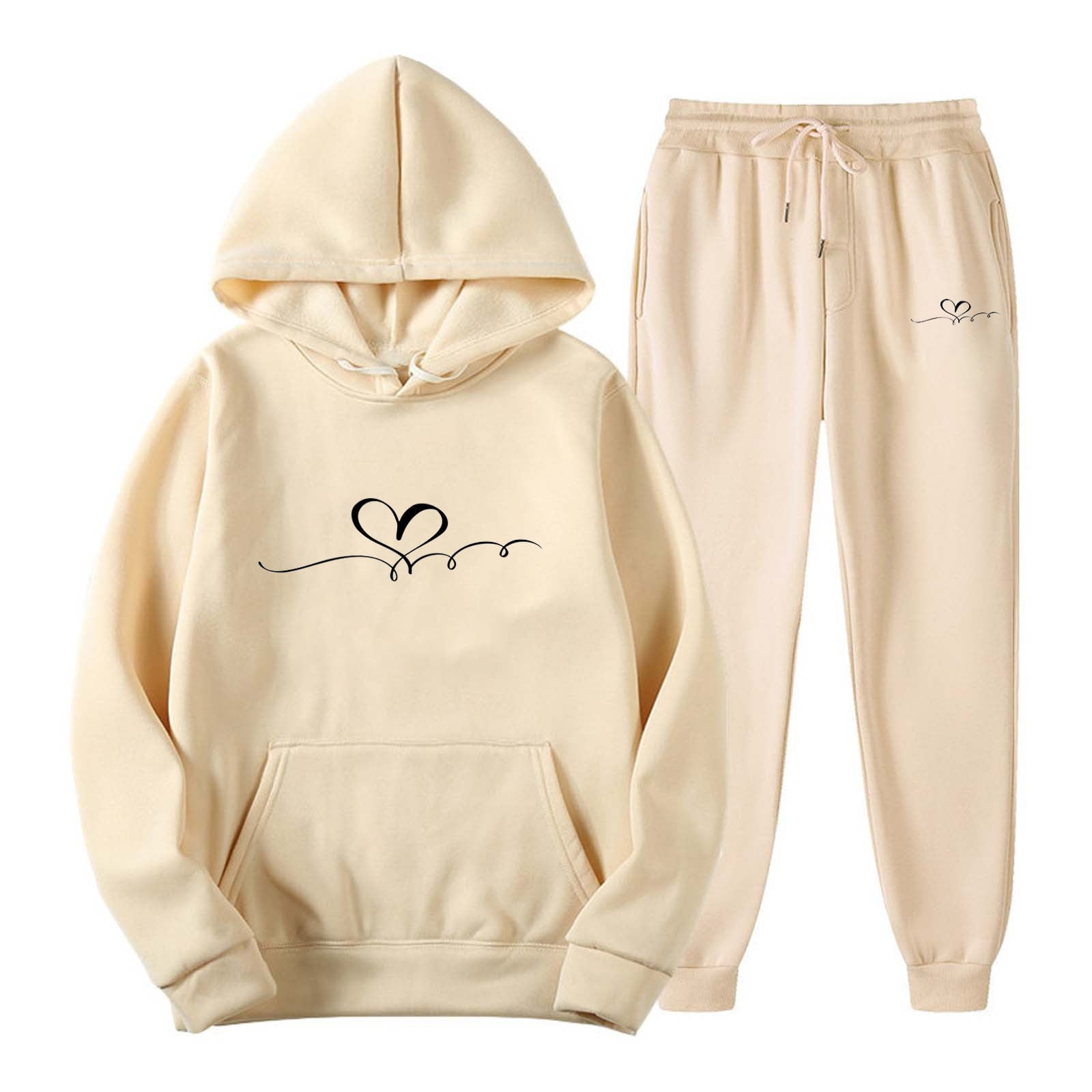 Jogger Sets for Women 2 Piece Baggy Fit Funny Heart Print Track Suits Soft Solid Color Sweatsuits Set with Pockets
