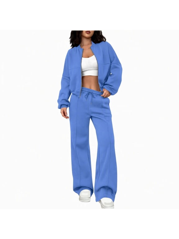 Jogger Sets for Women 2 Piece Fashion Zipper Cropped Sweatshirt Jogger Pants Track Suit Plus Size Outfits for Women,XXL,Blue