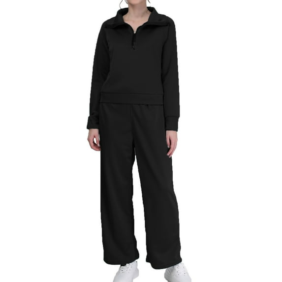 Jogger Sets for Women 2 Piece Half Zip Pullover Sweatshirt Sweatpants Solid Color Wide Leg Loose Tracksuits (Black L)
