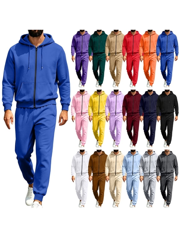 Jogger Sweatpants Hoodie Sets for Men 2 Piece,Full Zip Hooded Jacket and Pants with Pockets,Solid Color Casual Athletic Sweatsuit Loungewear Set for Spring Fall