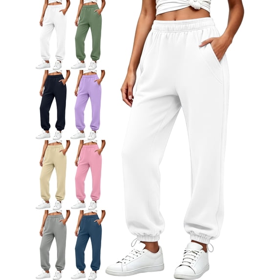 Jogger Sweatpants for Women Elastic Waist Loose Fit Ribbed Cuffed Ankle Casual Athletic Workout Lounge Fall Winter Everyday Pants with Pockets