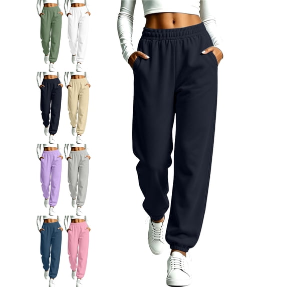 Jogger Sweatpants for Women Elastic Waist Loose Fit Ribbed Cuffed Ankle Casual Athletic Workout Lounge Fall Winter Everyday Pants with Pockets