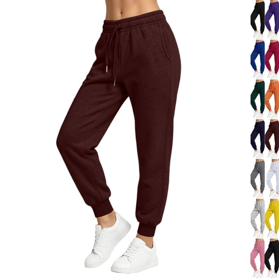 Jogger Sweatpants for Women Relaxed Fit Drawstring Elastic High Waist Ankle Cuff Track Pants Soft Breathable Loungewear Bottoms with Pockets Wine M