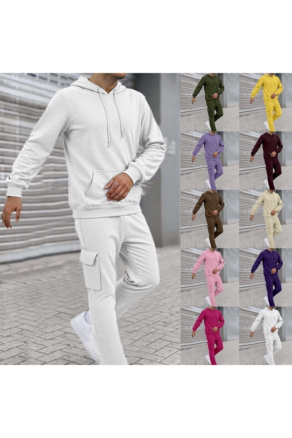 Jogger Sweatsuits 2 PCS Men Solid Relaxed Fit Fall Winter Outdoor Clothes Long Sleeve Hooded Sweatshirt Matching Open Bottom Cargo Sweatpants Sets (Army Green,Large)