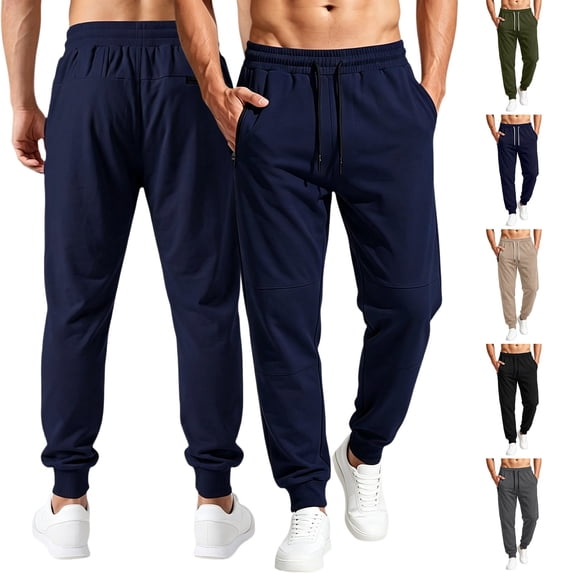 Joggers for Men Solid Color Loose Casual Sweatpants with Zip Pockets Drawstring Elastic Waist Cuffed Jogger Pants for Daily Gym and Travel