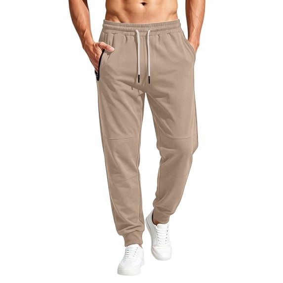 Joggers for Men Solid Color Loose Casual Sweatpants with Zip Pockets Drawstring Elastic Waist Cuffed Jogger Pants for Daily Gym and Travel