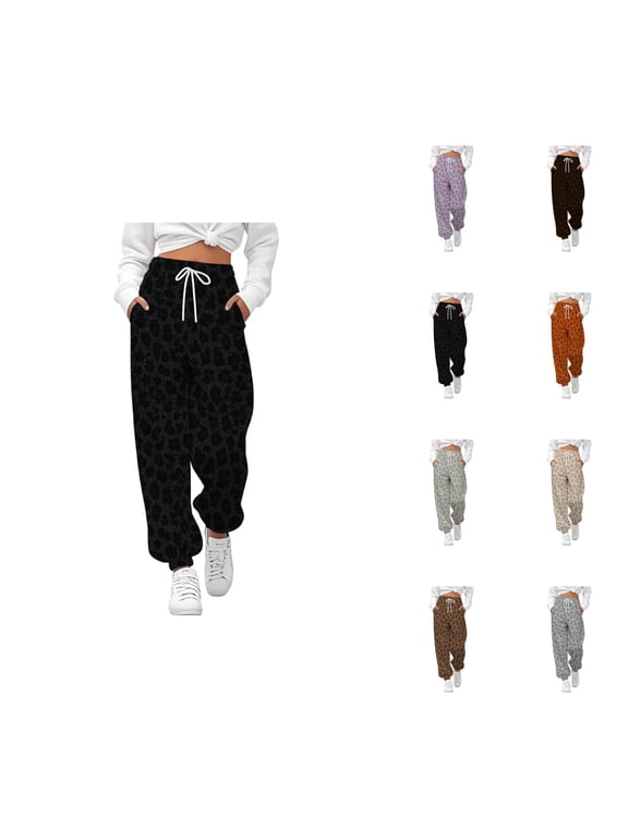 Joggers for Women Elastic High Waist Drawstring Relaxed Fit Leopard Print Sweatpants Trousers with Pockets