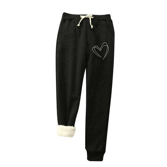 Joggers for Women Fashion Print Elastic Waisted Drawstring Cinch Bottom Sweatpants with Pockets Winter Fleece Lined Pants(Black,XXXL)