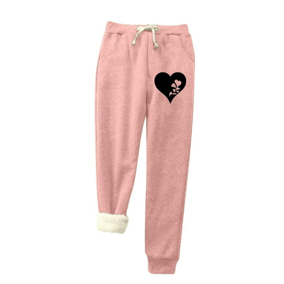 Joggers for Women Fashion Print Elastic Waisted Drawstring Cinch Bottom Sweatpants with Pockets Winter Fleece Lined Pants(Pink,XXL)