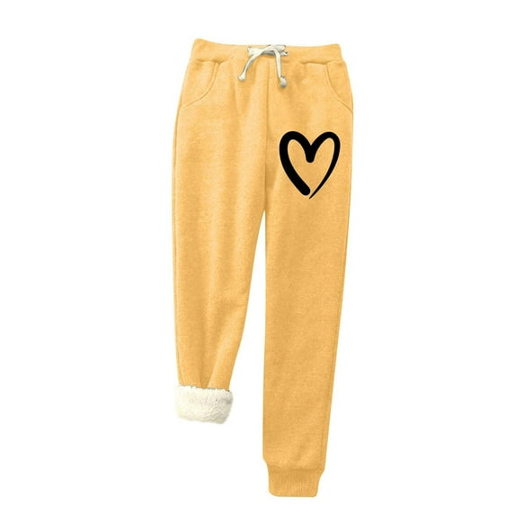 Joggers for Women Fashion Print Elastic Waisted Drawstring Cinch Bottom Sweatpants with Pockets Winter Fleece Lined Pants(Yellow,L)