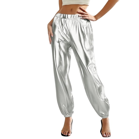 Joggers for Women Harem Style Elastic Waist Sweatpants Shiny Metallic Faux Leather Bottoms Cuffed Leg Dance Party Streetwear Outfits