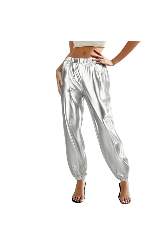 Joggers for Women Harem Style Elastic Waist Sweatpants Shiny Metallic Faux Leather Bottoms Cuffed Leg Dance Party Streetwear Outfits