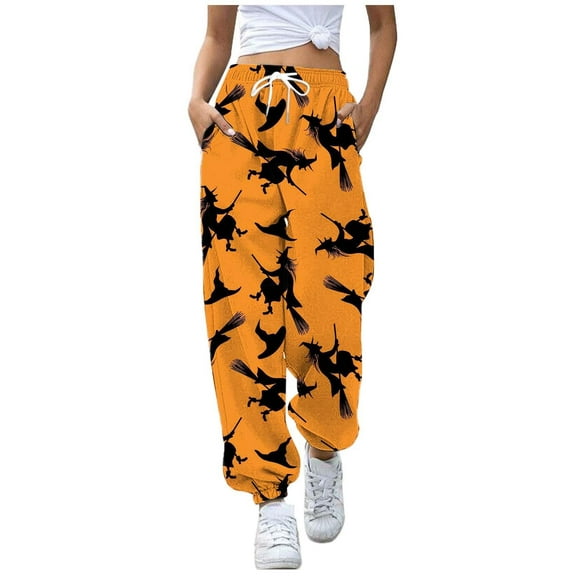 Joggers for Women High Waisted Halloween Printed Sweatpants Drawstring Elastic Smooth Trousers with Pocket Fall Winter Comfy Pants Women