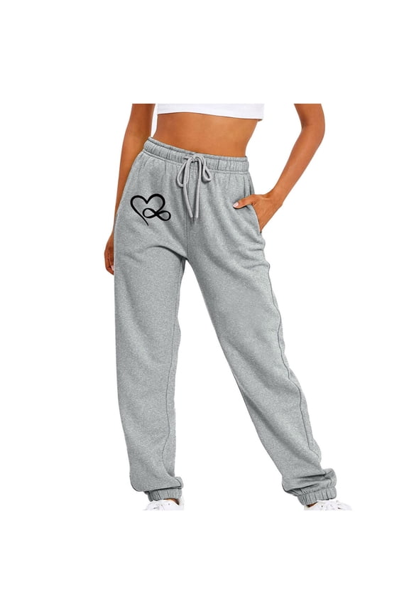 Joggers for Women Sweatpants Cute Graphic Print High Elastic Waisted Drawstring Lounge Cozy Trousers with Pockets(Gray,L)