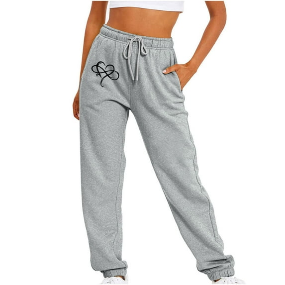 Joggers for Women Sweatpants Cute Graphic Print High Elastic Waisted Drawstring Lounge Cozy Trousers with Pockets(Gray,L)