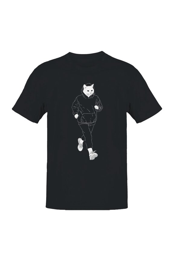 Jogging Cat in Hoodie Art Men's T-shirt Black