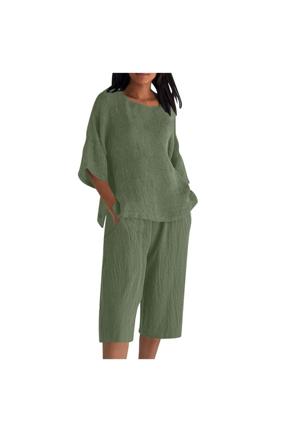 Jogging Outfits Set Womens Plus Size Capris Sets, Summer 2 Piece Linen Outfits, 3/4 Sleeve Side Slit Blouse Tops Cropped Pants with Pockets Green XXL