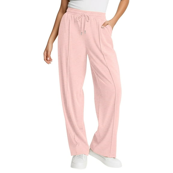Jogging Pants for Women Fall Solid Wide Leg Sweatpants Elastic Drawstring Lightweight Baggy Pants with Pockets Comfort Breathable Women's Summer Pants Pink S