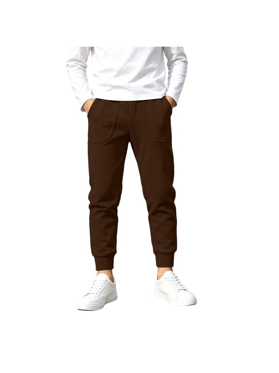 Jogging Pants for Kids Boys Elastic Waist Sweatpants Fall Winter Sports Casual Stretchy Trousers with Pockets (14-15 Years, Brown)