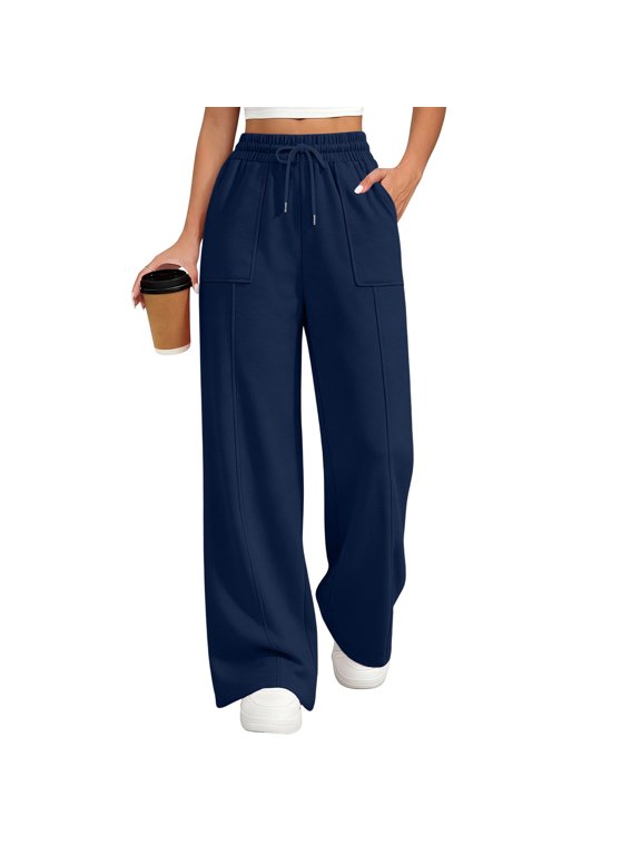Jogging Pants for Women Drawstring Elastic Waist Wide Leg Sweatpants with Patch Pockets Loose Fit Casual Sweat Pants, Navy, S