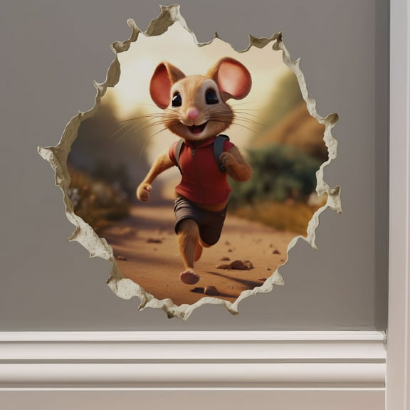 Jogging Running Mouse in Mouse Hole Decal - Mouse Hole 3D Wall Sticker