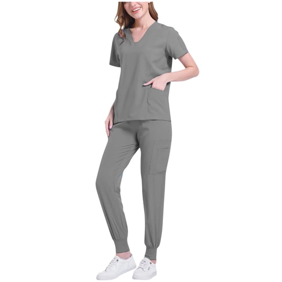 Jogging Scrubs Set for Women Soft and Stretchy Nurse Uniform V-Neck Tops and Yoga Jogger Pants with Pocket Gray S