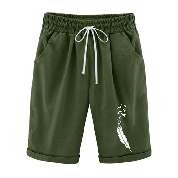 Jogging Shorts for Women Plus Size Knee Length Casual Linen Pants Drawstring Elastic Waist Bermuda Shorts with Pocket