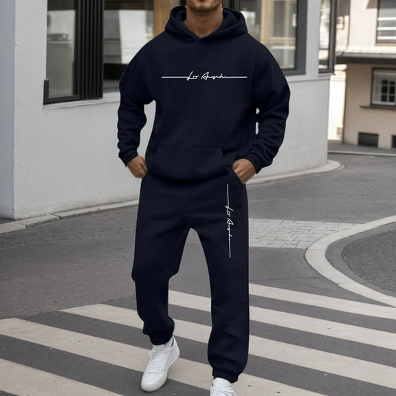 Jogging Suits for Men 2 Piece Set Letter Graphic Hoodie Sweatshirt and Drawstring Sweatpants Sets Casual Solid Fall Fashion Pullover Suits Winter Clothes Outfits