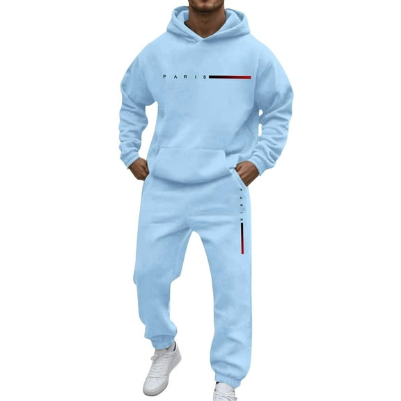 Jogging Suits for Men 2 Piece Set Letter Graphic Relaxed Fit Hoodie Sweatshirt and Joggers Sweatpants Sets Pullover Suits Clothes Outfits Light Blue M