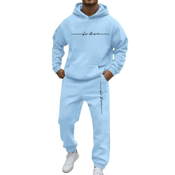 Jogging Suits for Men 2 Piece Set Casual Letter Print Hoodie Sweatshirt and Joggers Sweatpants Sets Pullover Suits Clothes Outfits Light Blue XL