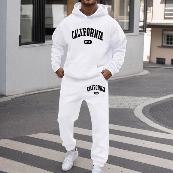Jogging Suits for Men 2 Piece Set Letter Graphic Hoodie Sweatshirt and Joggers Sweatpants Sets Streetwear Pullover Suits Clothes Outfits White L