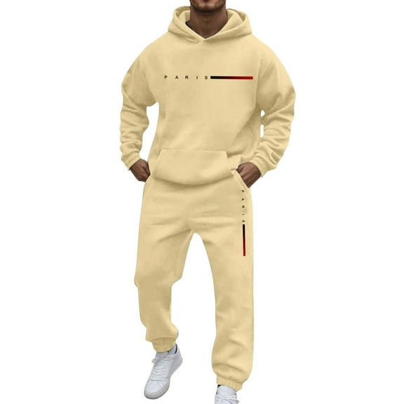 Jogging Suits for Men 2 Piece Set Letter Graphic Relaxed Fit Hoodie Sweatshirt and Joggers Sweatpants Sets Pullover Suits Clothes Outfits Beige XXL