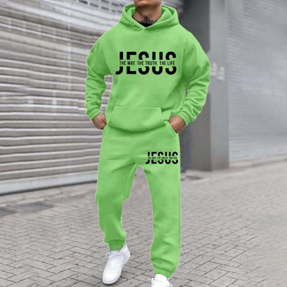 Jogging Suits for Men 2 Piece Set letter print Relaxed Fit Hoodie Sweatshirt and Joggers Sweatpants Sets Casual Pullover Suit with Pocket Green XXXL