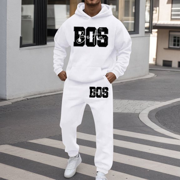 Jogging Suits for Men 2 Piece Set letter print Relaxed Fit Hoodie Sweatshirt and Joggers Sweatpants Sets Casual Pullover Suit with Pocket White L