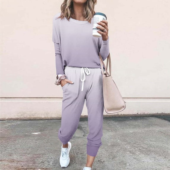 Jogging Suits for Women Gradient Printed Long Sleeve Crewneck Pullover Tops with Jogger Pant 2 Piece Loungewear Sweatsuit Travel Outfits Gray S