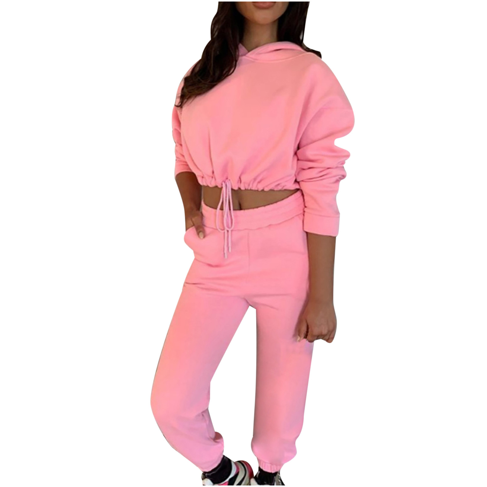 Women Tracksuits Pullover Long Sleeve Hooded Elastic Waist Drawstring Crop  Top Tracksuits Two Pieces Sets Esg16482 - China Tracksuits and Sweatsuits  price