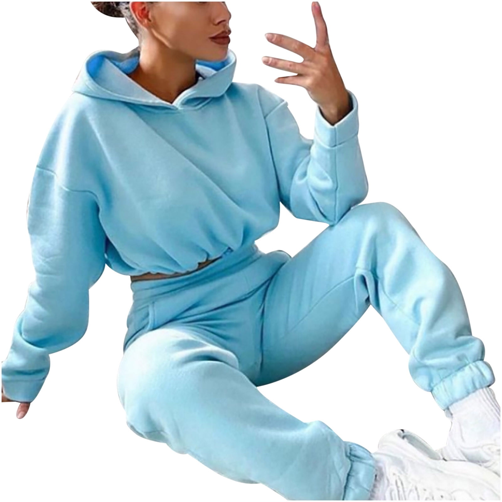 Jogging Suits for Women Sweatsuit 2 Piece Outfits Long Sleeve Drawstring Crop Top Hoodie Sweatpants Tracksuit Set Walmart