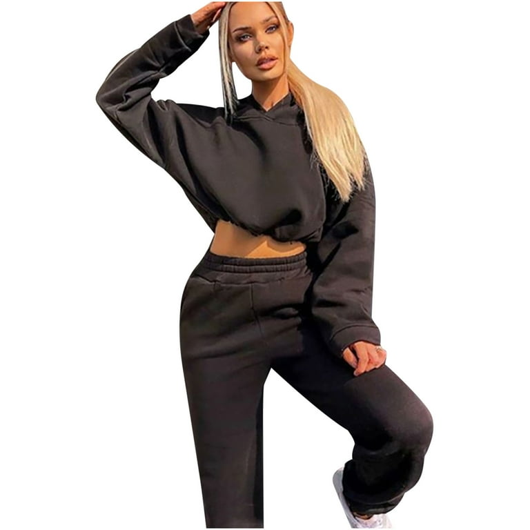 Jogging Suits for Women Sweatsuit 2 Piece Outfits Long Sleeve Drawstring Crop Top Hoodie Sweatpants Tracksuit Set