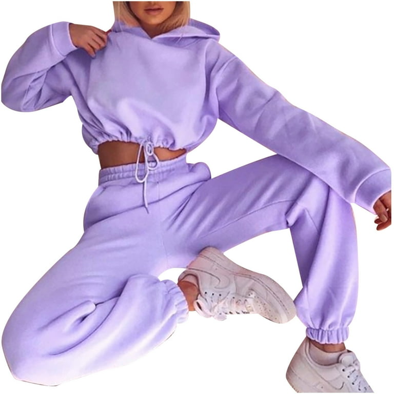 Women Tracksuits Pullover Long Sleeve Hooded Elastic Waist Drawstring Crop  Top Tracksuits Two Pieces Sets Esg16482 - China Tracksuits and Sweatsuits  price