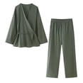 thumbnail image 1 of Jogging Sweatsuit Set Women's Linen Lace up Shirt Pants Set Loose V-Neck Long Sleeve Blouses Wide Leg Pant Vintage 2 Piece Sets Two Piece Jogging Outfits Set S-73 Green S, 1 of 5