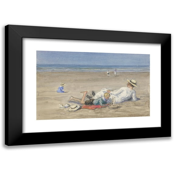 Johan Antonie de Jonge 14x11 Black Modern Framed Museum Art Print Titled - Resting Nanny with Two Children on the Beach (1874 - 1927)