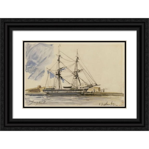 Johan Barthold Jongkind 14x11 Black Ornate Wood Framed Double Matted Museum Art Print Titled: Accosted Sailing Boat (1865)