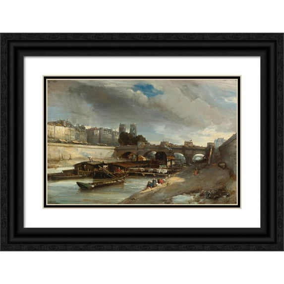 Johan Barthold Jongkind 14x11 Black Ornate Wood Framed Double Matted Museum Art Print Titled: Boat-Lavoir Near Pont-Neuf, Paris (1850)