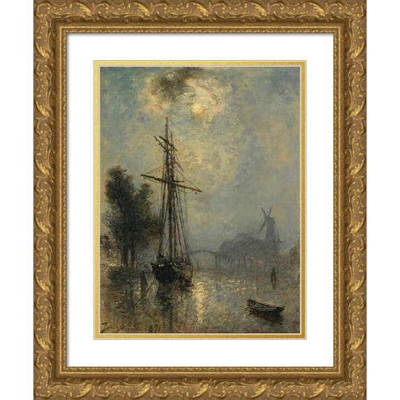 Johan Barthold Jongkind 14x18 Gold Ornate Wood Frame and Double Matted Museum Art Print Titled - Vue Du Port D’Overschie (1871)
