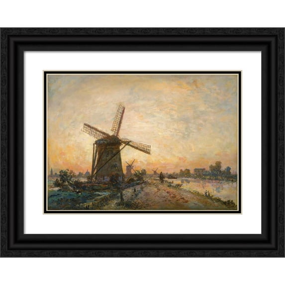Johan Barthold Jongkind 18x14 Black Ornate Wood Framed Double Matted Museum Art Print Titled - Hauling in Holland (1867)