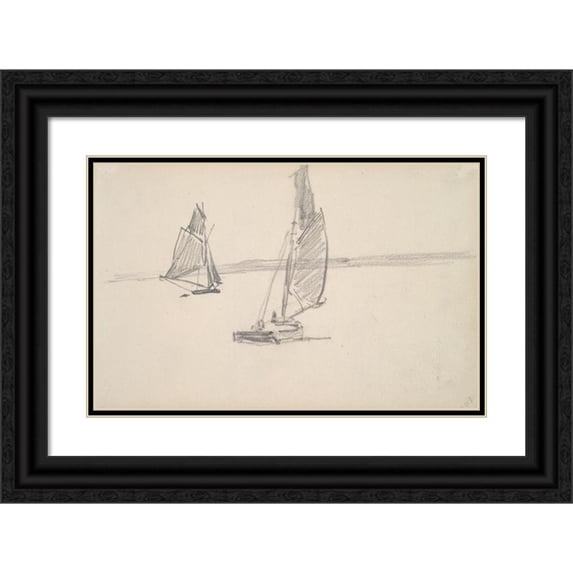 Johan Barthold Jongkind 24x17 Black Ornate Framed Double Matted Museum Art Print Titled: Two Sailboats on Calm Water (Mid to Late 19th Century)