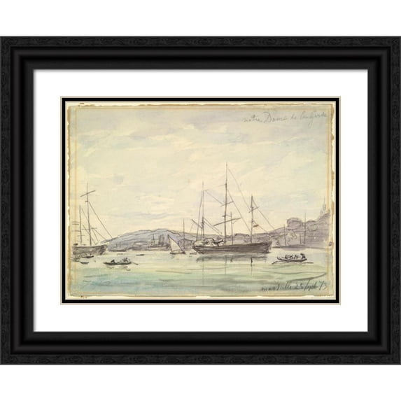 Johan Barthold Jongkind 24x19 Black Ornate Framed Double Matted Museum Art Print Titled: Harbor Scene, Marseilles (1873)