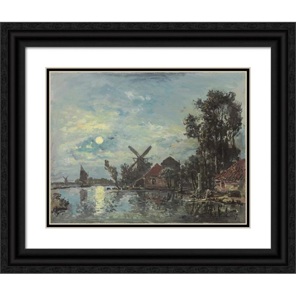 Johan Barthold Jongkind 24x19 Black Ornate Framed Double Matted Museum Art Print Titled: Moon Effect on the Estuary, Holland (1867)